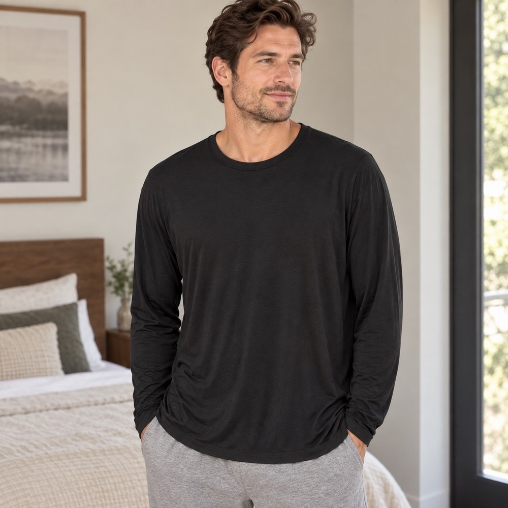 NAADAM Long Sleeve Sleep Tee Mens Large Black  Modal Spandex Crew Neck